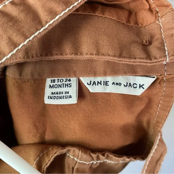 Janie and Jack Baby Girl 18-24M Twill Contrast Stitch Bow Romper Soft Caramel - Picture 4 of 11